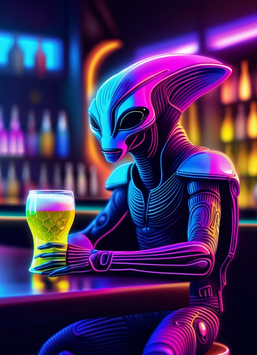 Happy Alien Warrior Drinks Beer in Cyberpunk Bar