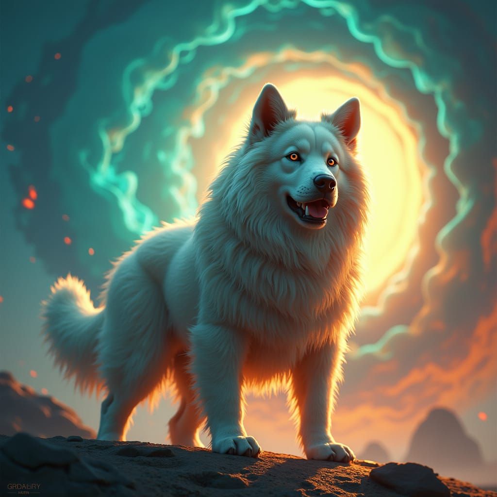 Majestic Dog in Fantasy Landscape, Trending on Artstation