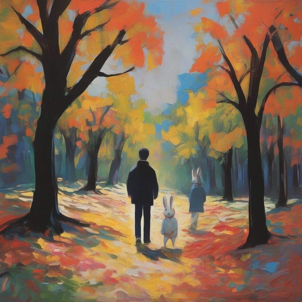 Surreal Forest Chase: Two Boys Pursued by a Twisted Rabbit