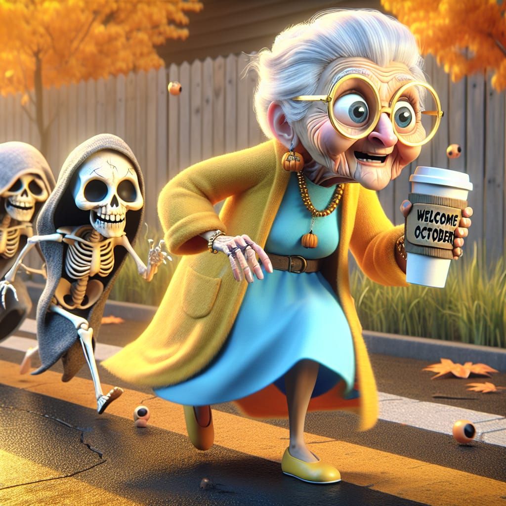 Whimsical Cartoon: Elderly Woman Chased by Skeletons