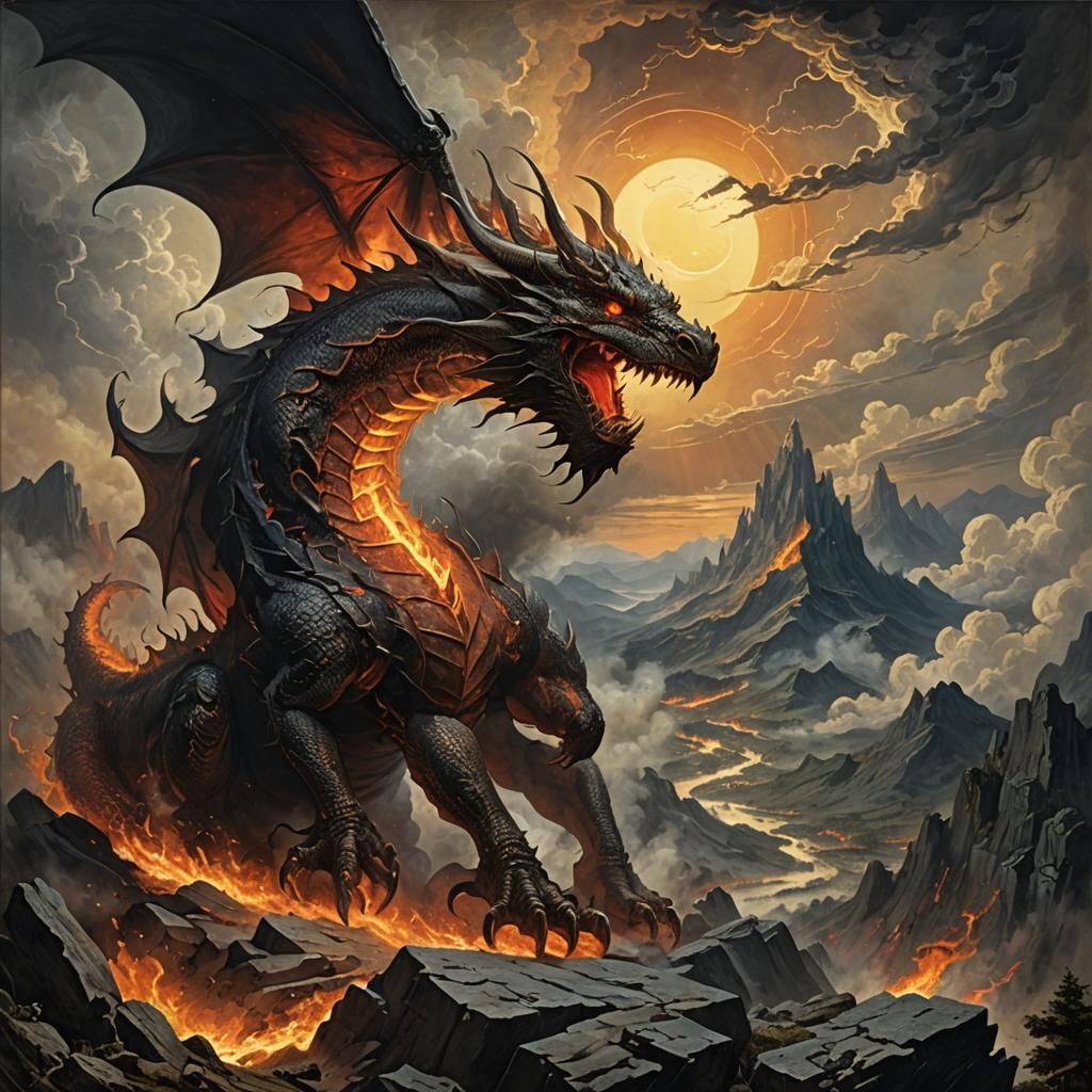 Fire Dragon Devouring Sun in Stormy Sky