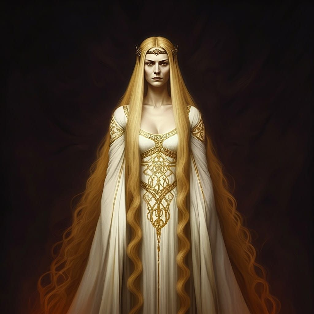 Regal Woman in White Gown with Golden Embroidery