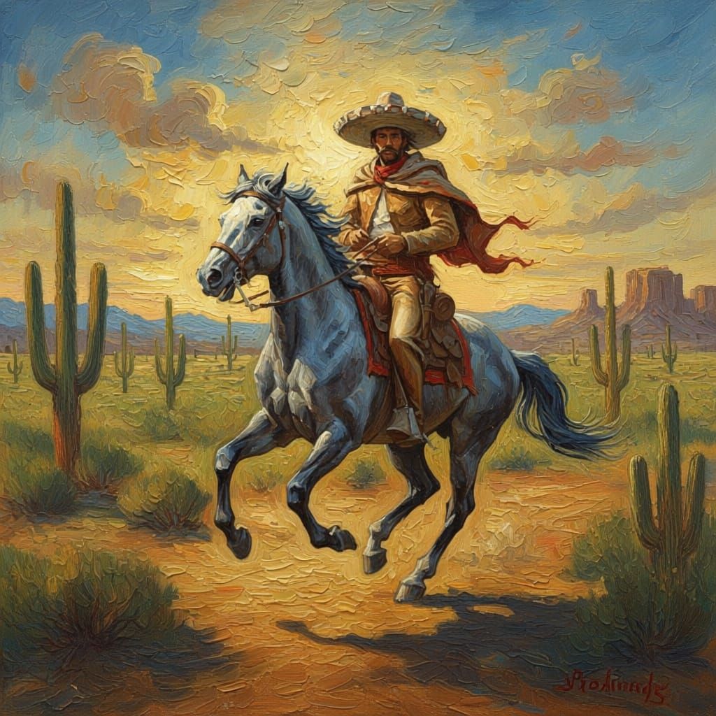 Mexican Bandit Rides Horse in Sun-Drenched Desert