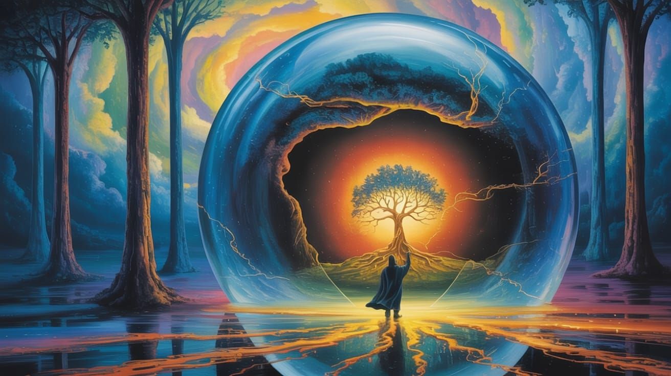 Crystalline Sphere Reveals Magical Tree: Dreamlike Oil Paint...