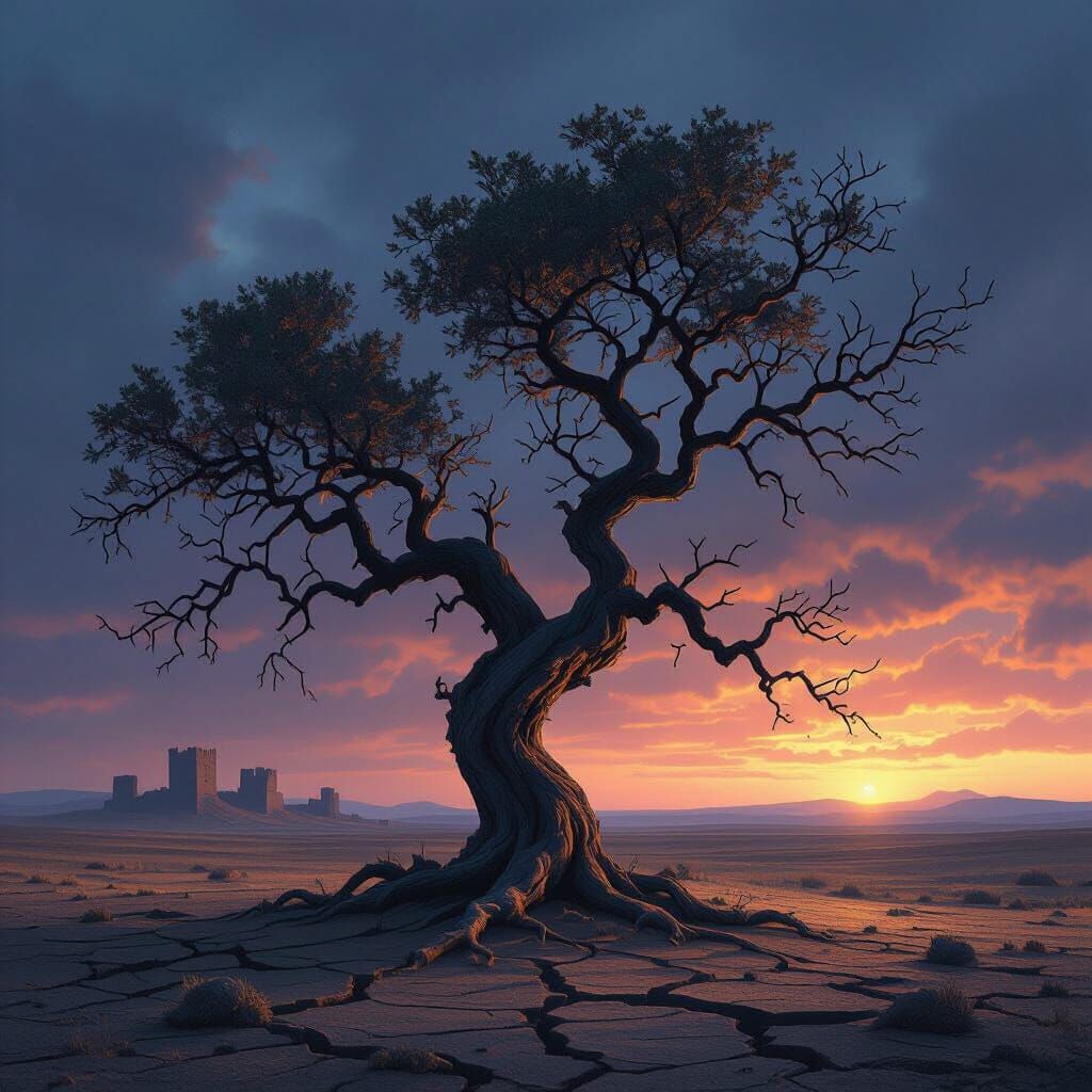 Ancient Tree on Barren Plain Under Twilight Sky