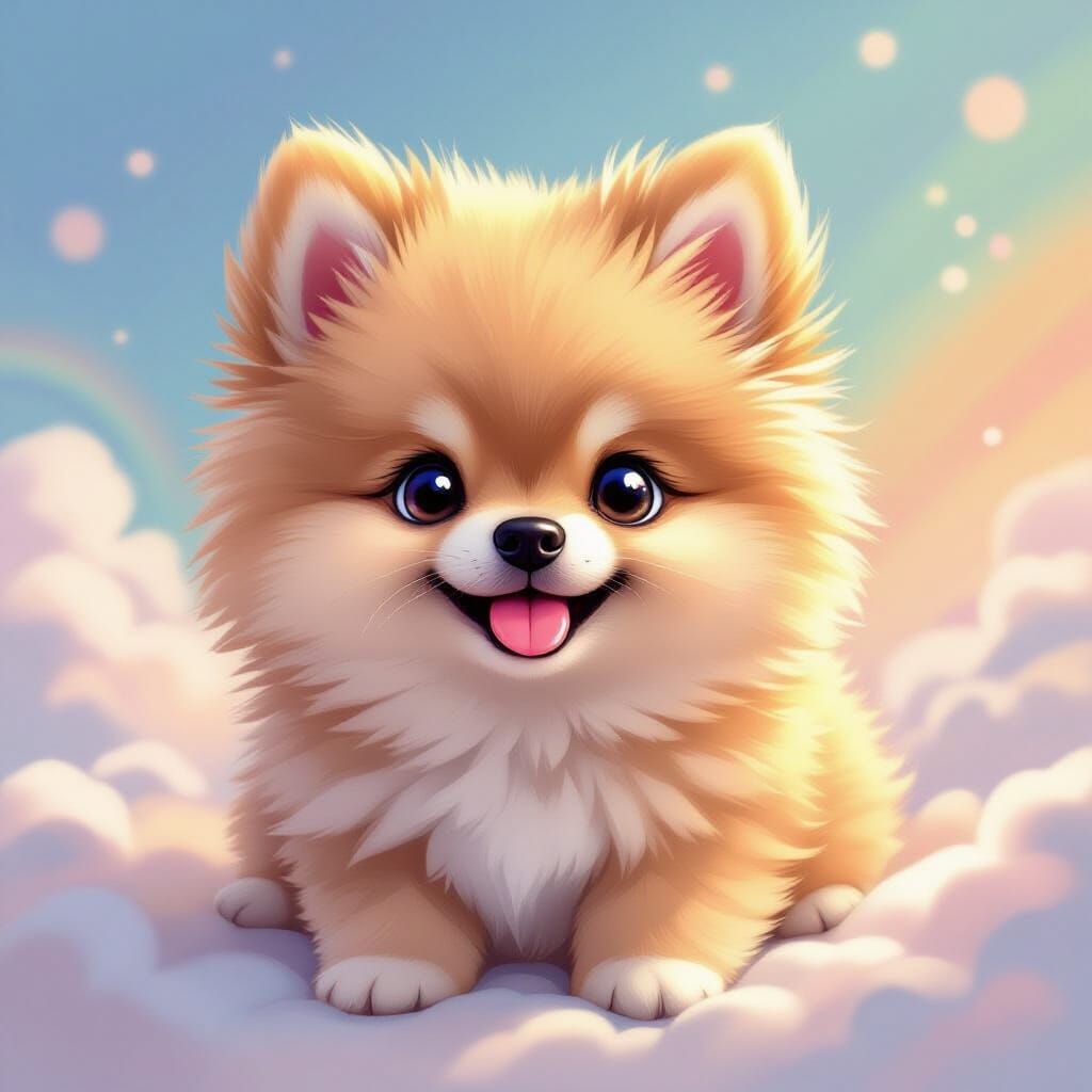 Fluffy Pomeranian Puppy with Rainbow Gradient Background