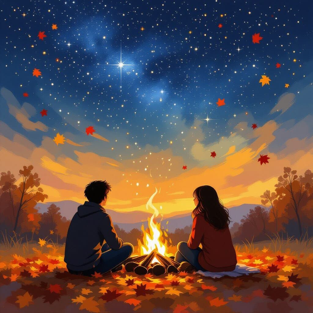 Autumn Bonfire Under Starry Sky