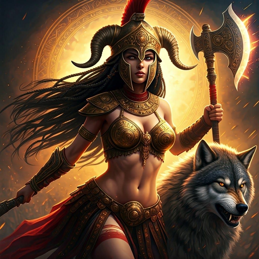 Full-body close-up of a Tunisian warrior girl with pale skin...