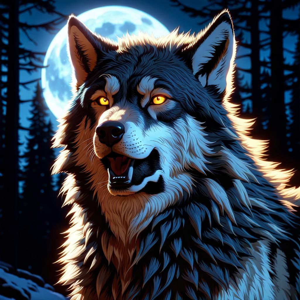 Werewolf and Woman in Moonlight Forest