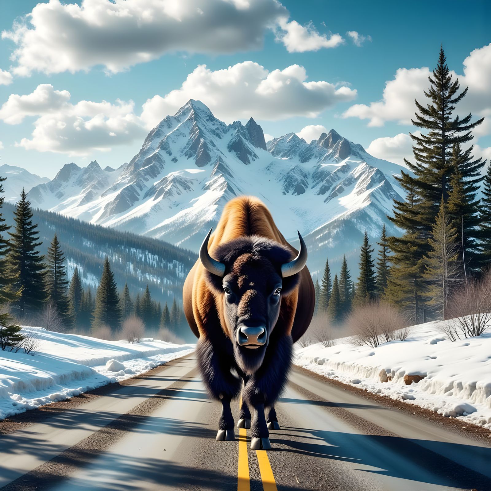 American Bison on Snowy Road with Mountains