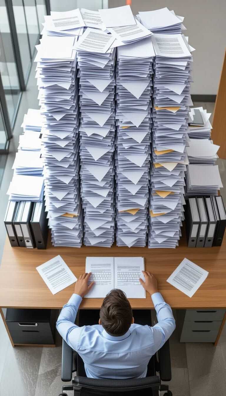 Overwhelmed Clerk Drowning in Office Paperwork