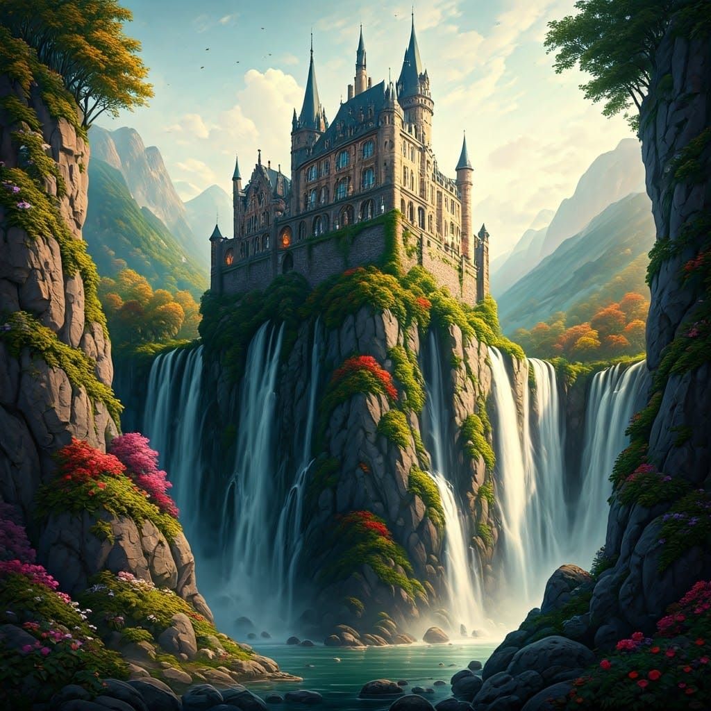 Majestic Castle in Whimsical Fantasy Landscape