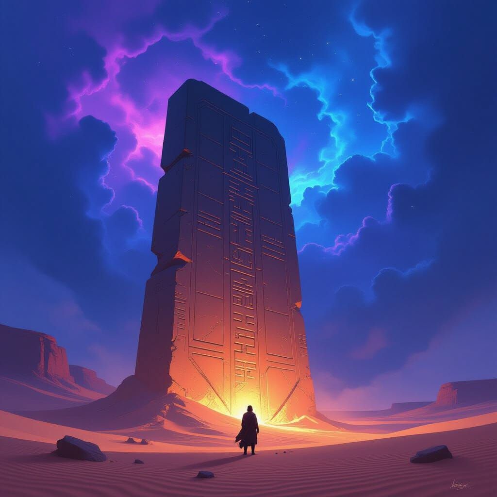 Explorer Beside Ancient Glowing Artifact in Desert Nebula