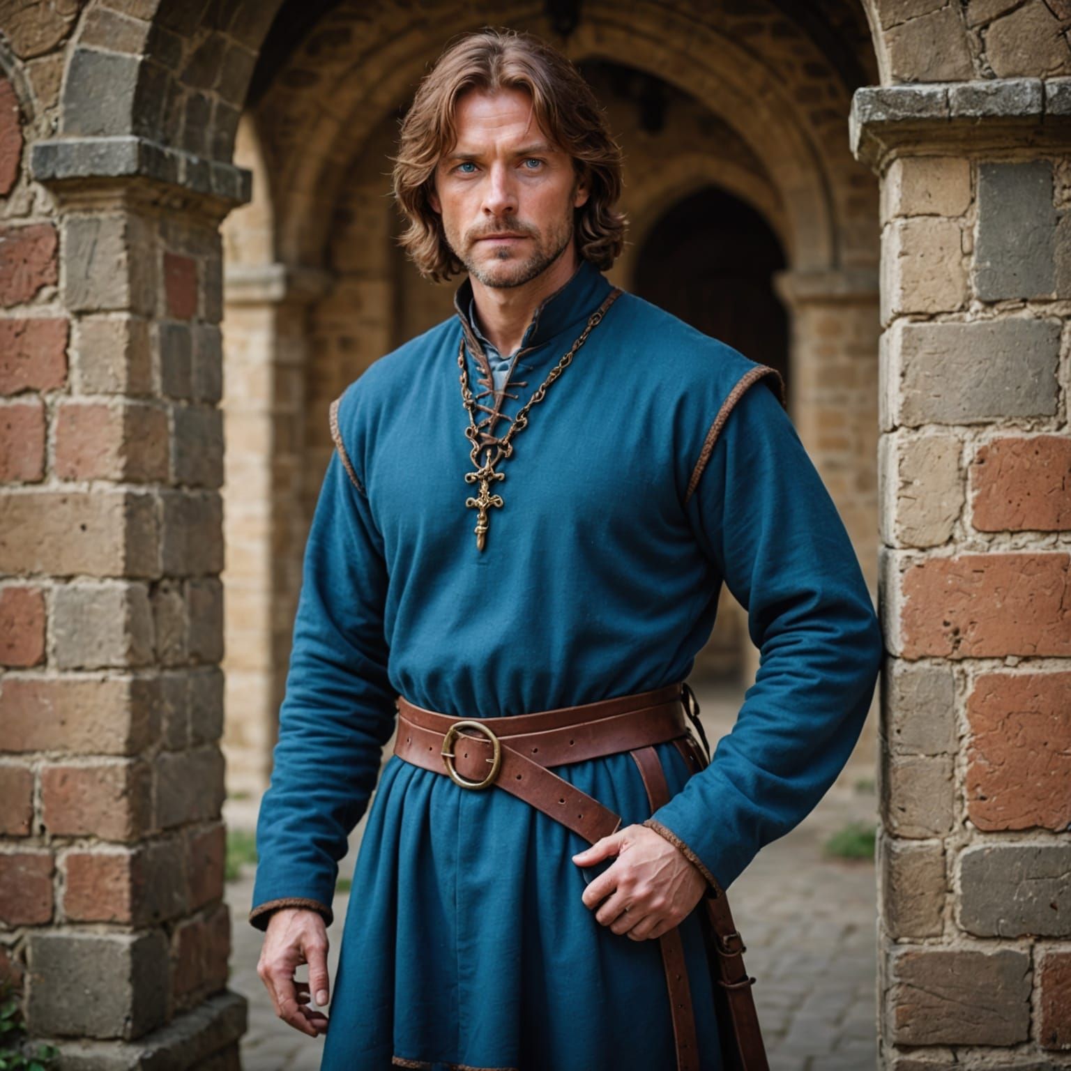 Handsome Medieval Man in Blue Tunic, Natural Lighting