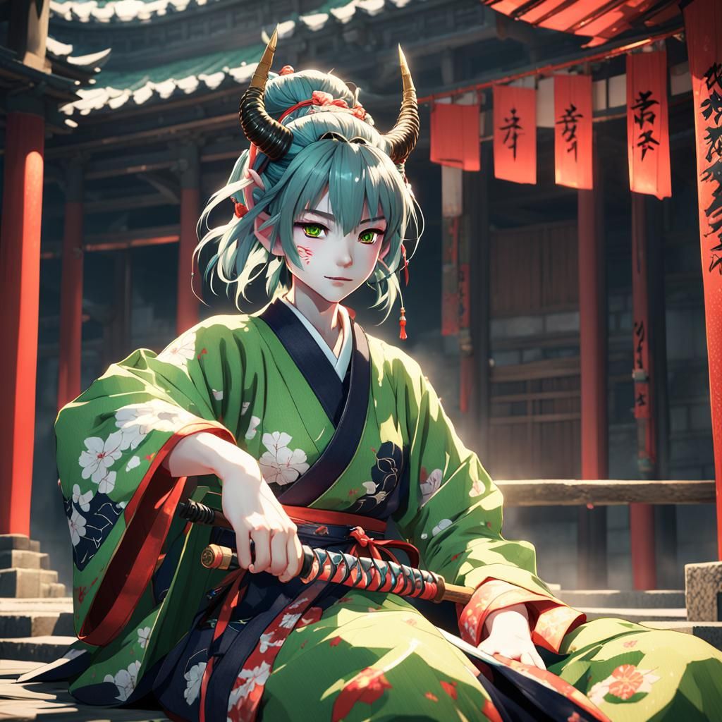 Female Oni with Katana in Anime Style