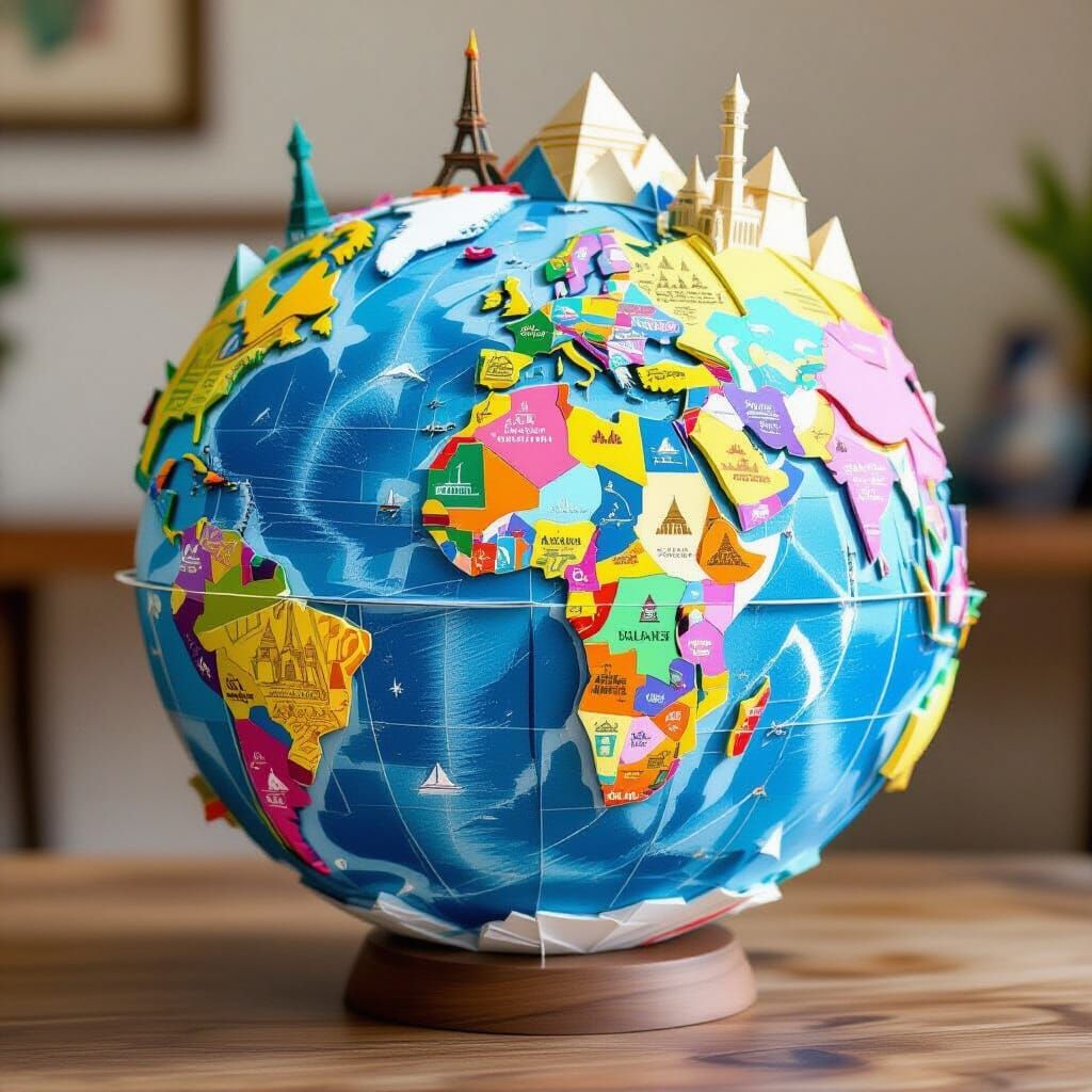 Intricate Paper Globe with Landmarks in Origami Style