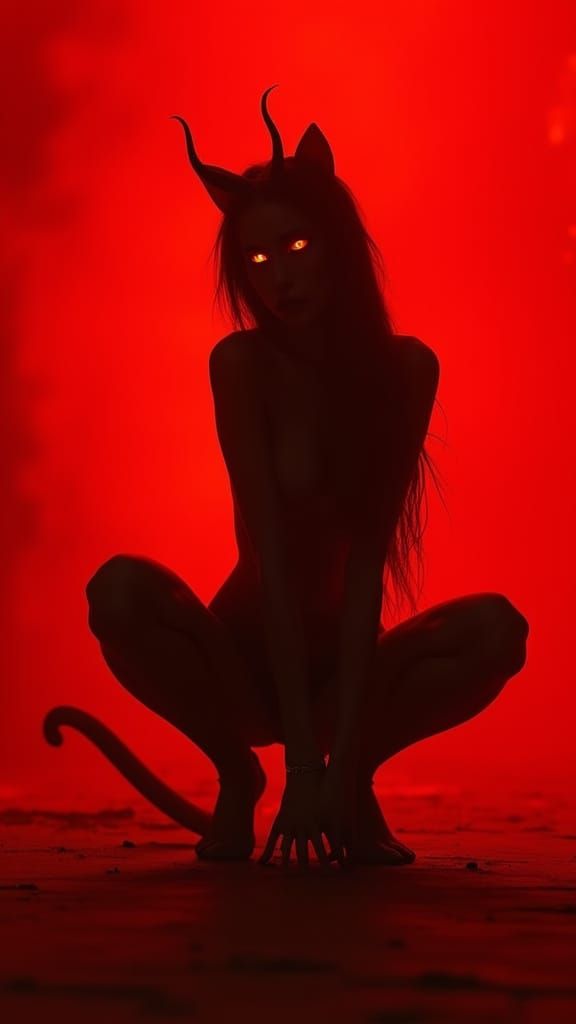 Feminine Demon Figure in Feline Pose, Hyper-Realistic Master...