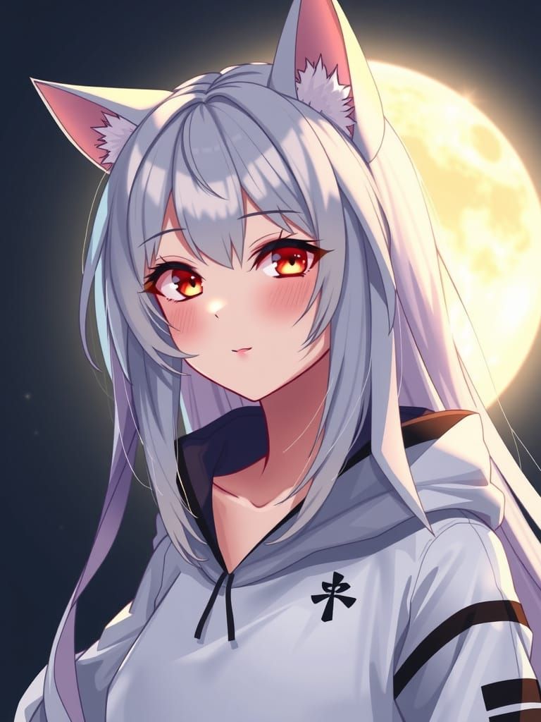 Anime Girl with Cat Ears and Luminous Moon