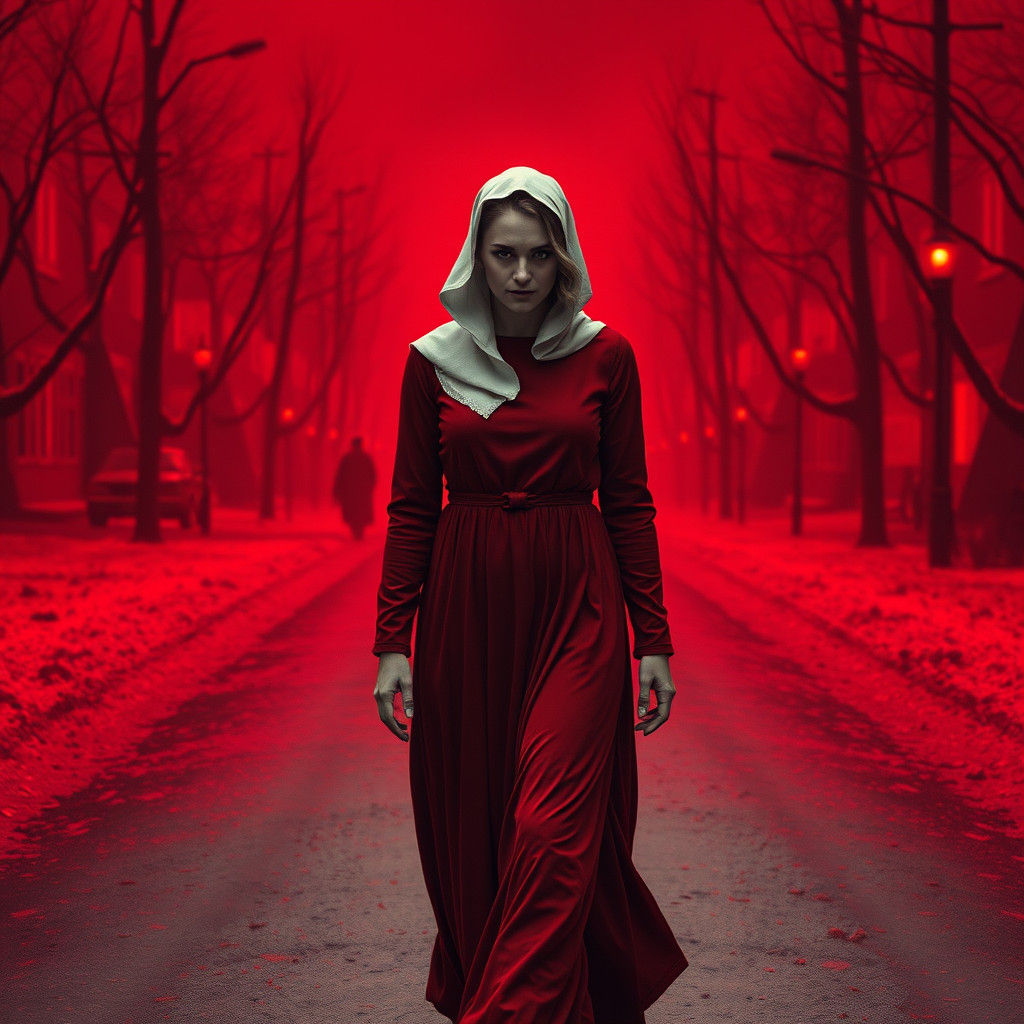 Dystopian Handmaid in Snowy Gilead Street