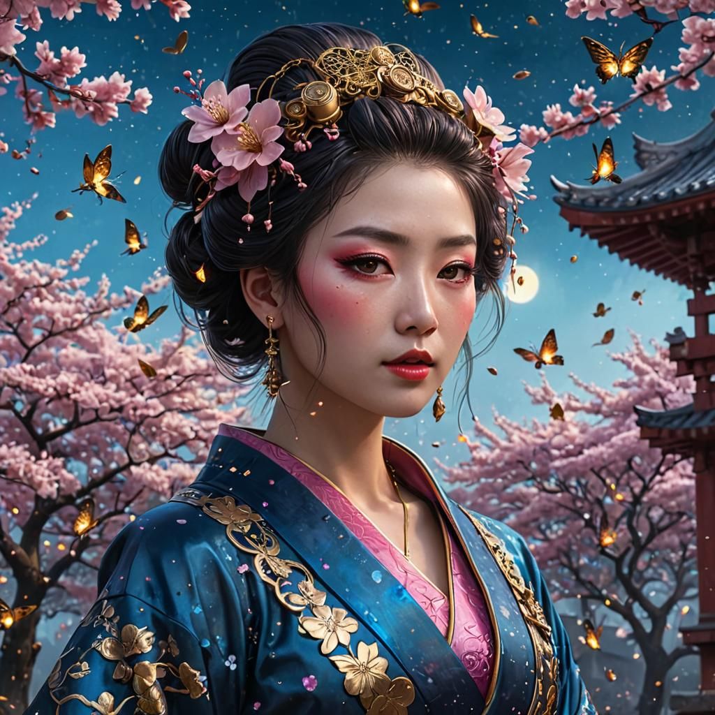 Steampunk Geisha in Gothic Byzantine Cherry Blossom Scene