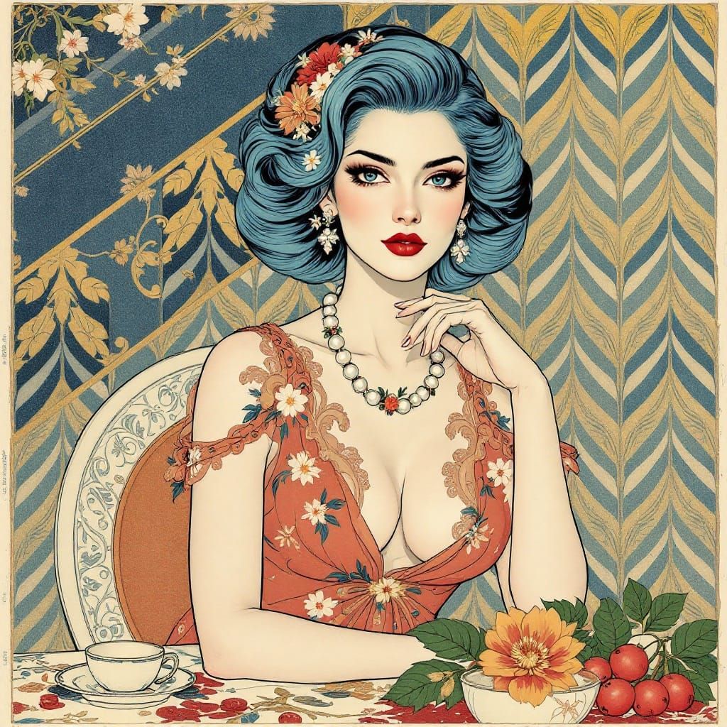 Traditional Japanese Goddess with Ruby Lips and Lavish Hair