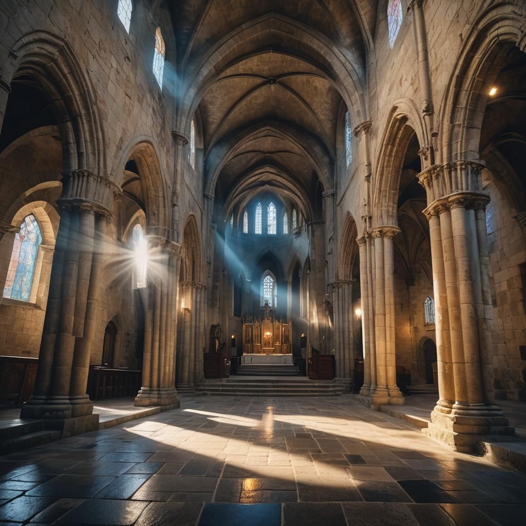 Gothic Church in Misty Golden Hour Light