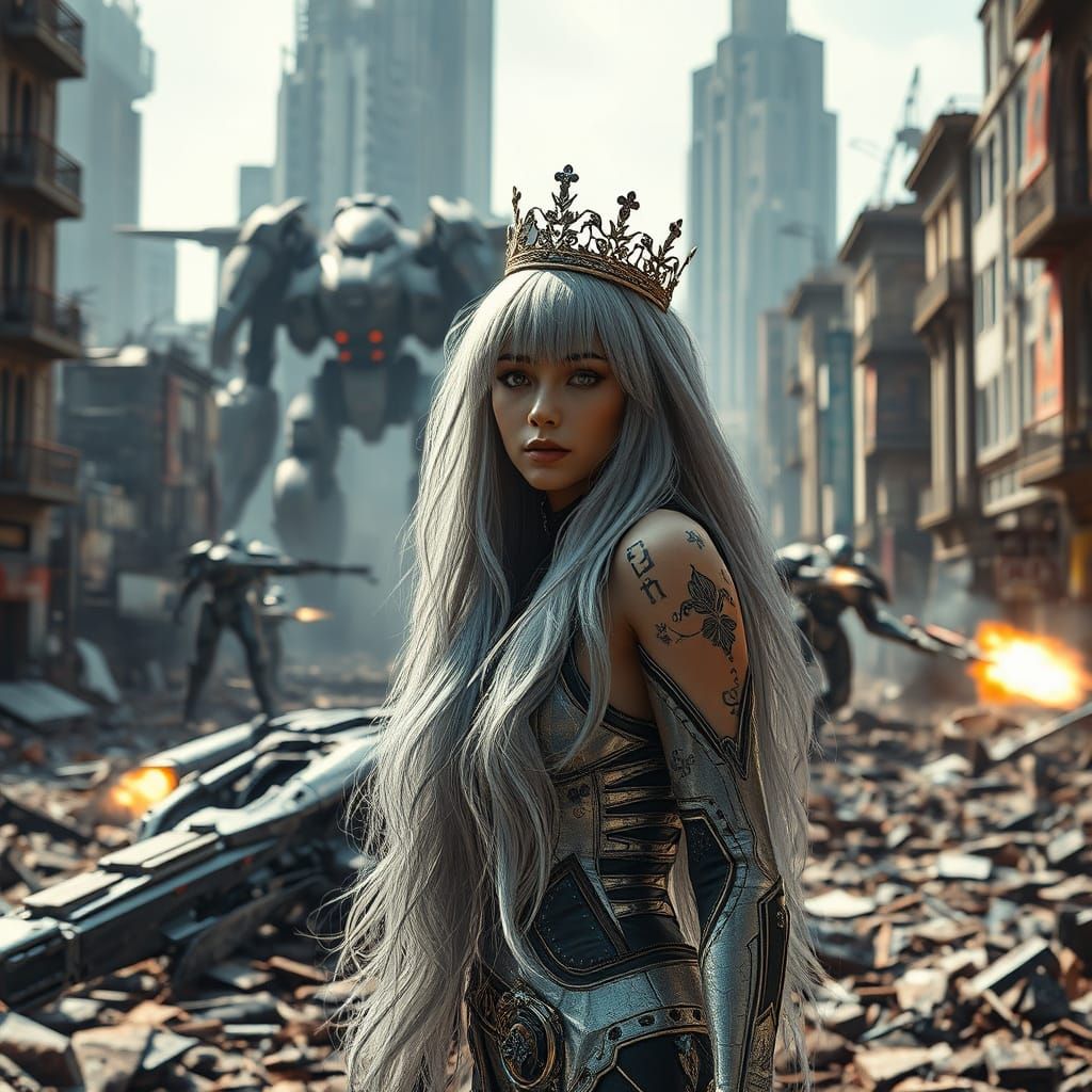 Cyberpunk Queen in Ruined City with Mecha Firefight