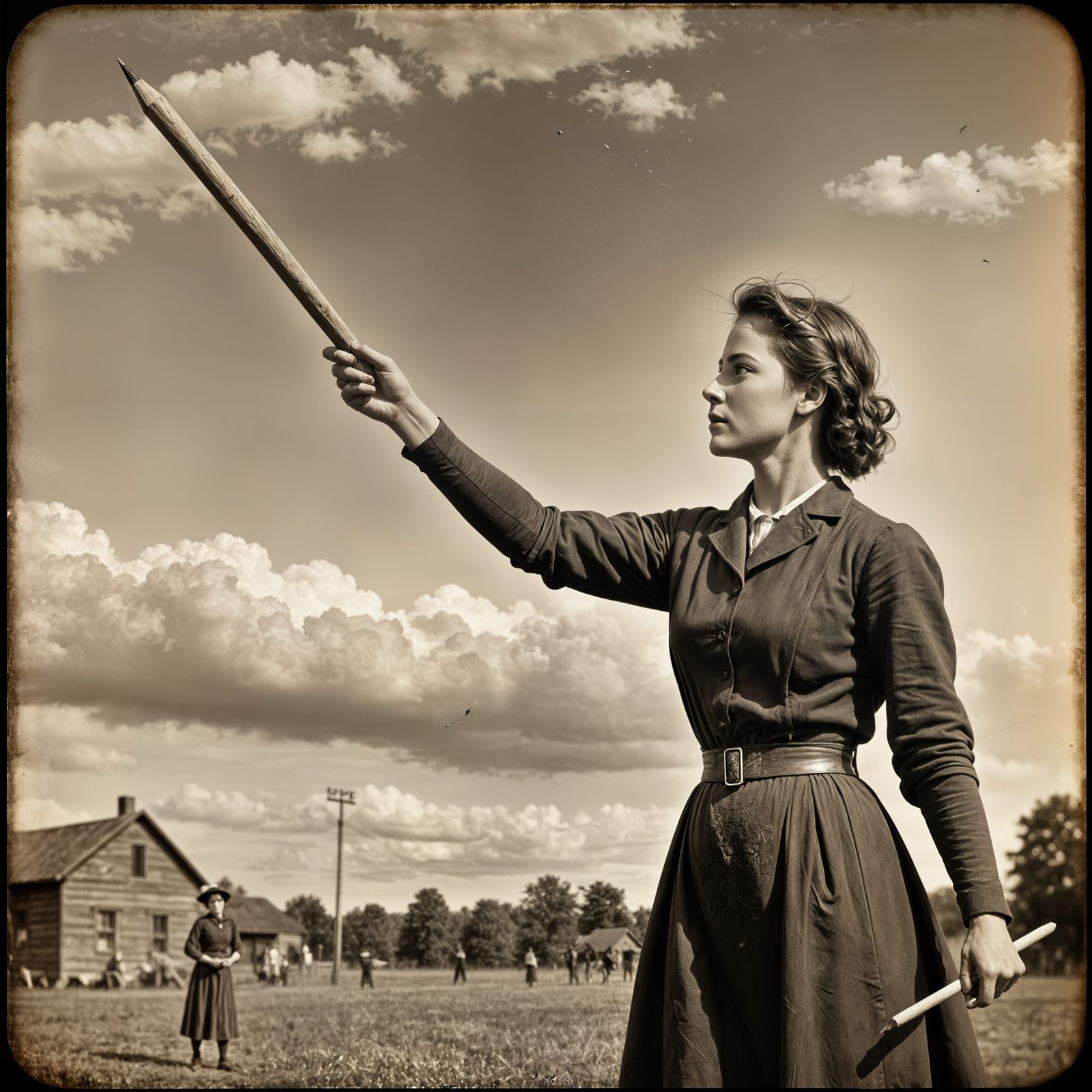 Woman Throws Giant Pencil Like Javelin in Sepia Photo