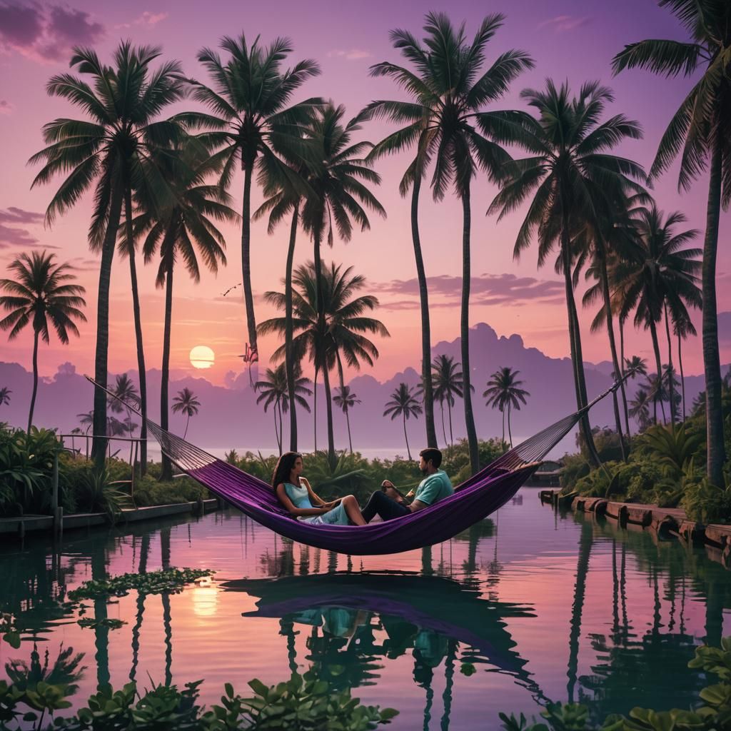 Sunset Hammock Dreamscape in Neo-Romantic Style