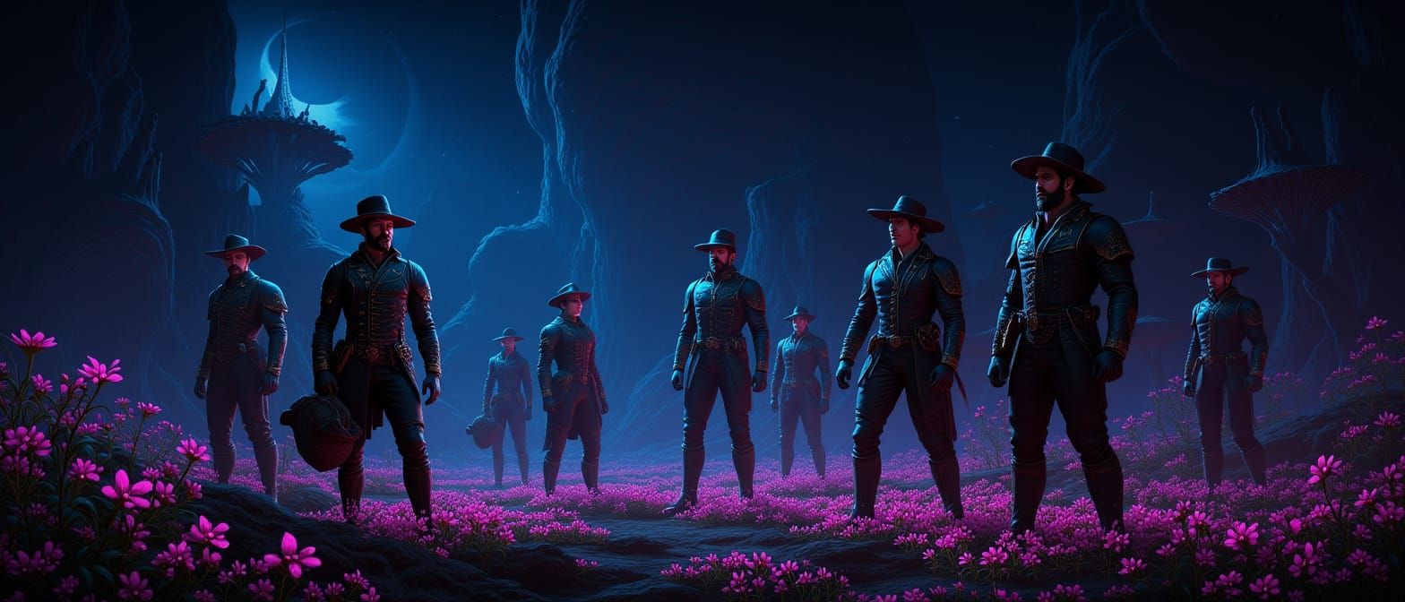 Steampunk Settlers on Alien World in Surrealist Style