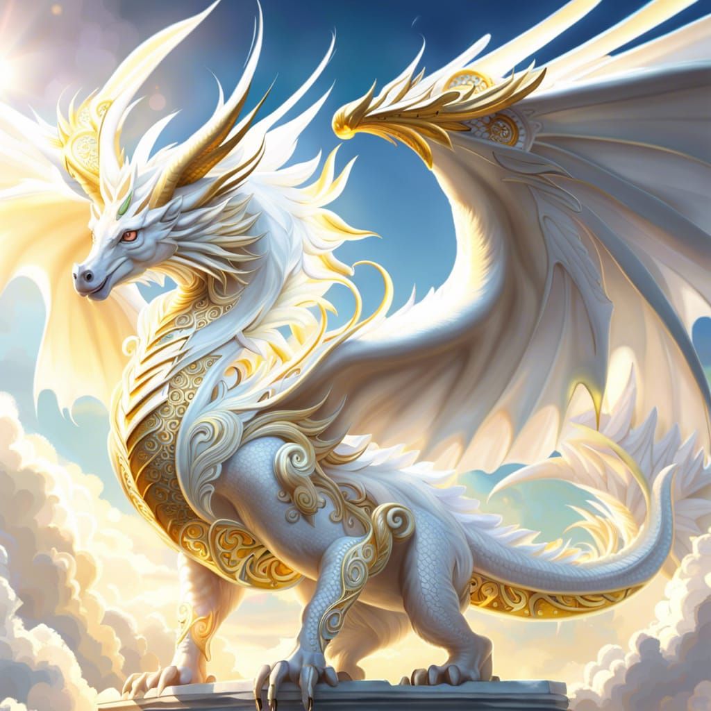 Angelic White Dragon in a Heavenly Sky