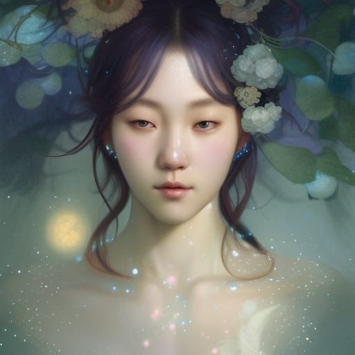 Korean Moon Goddess Portrait in Iridescent Pastels