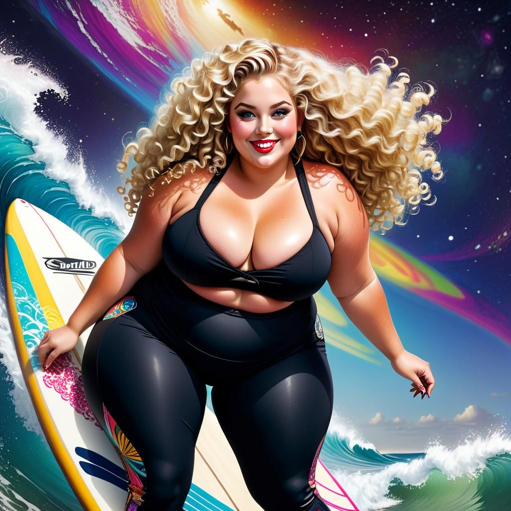 Curvy Woman Surfing in Outer Space