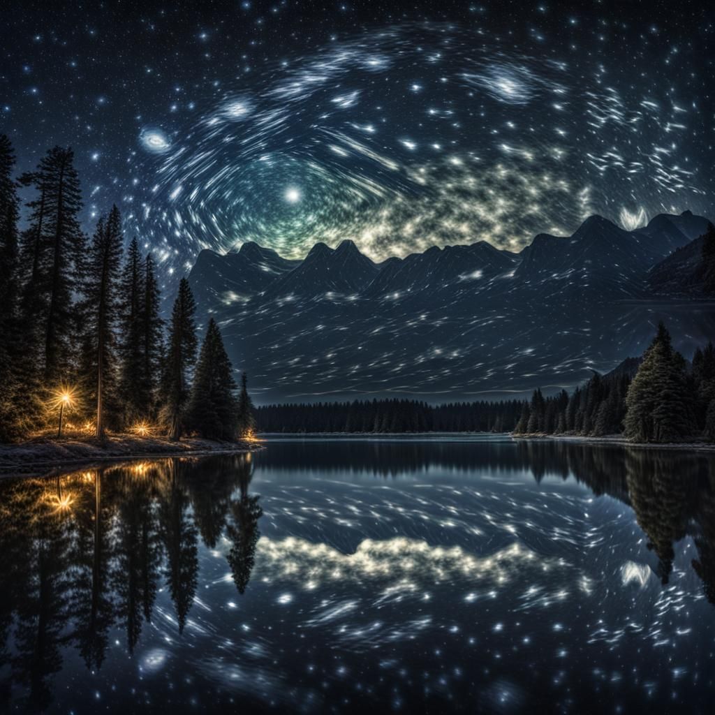 Starry Night Reflected in Lake: Hyperrealistic HDR Image