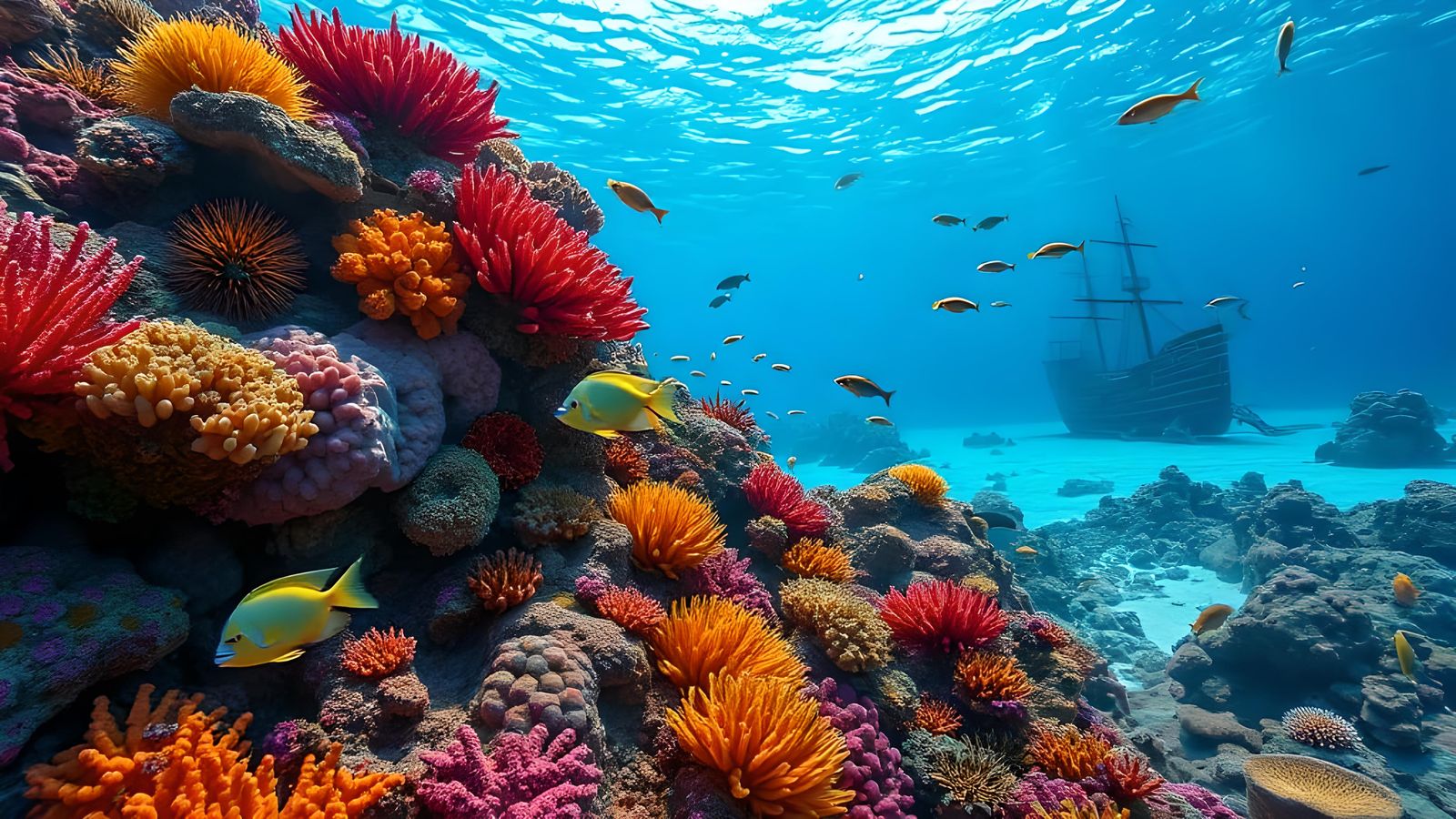 Vibrant Coral Reef With Sunken Galleon