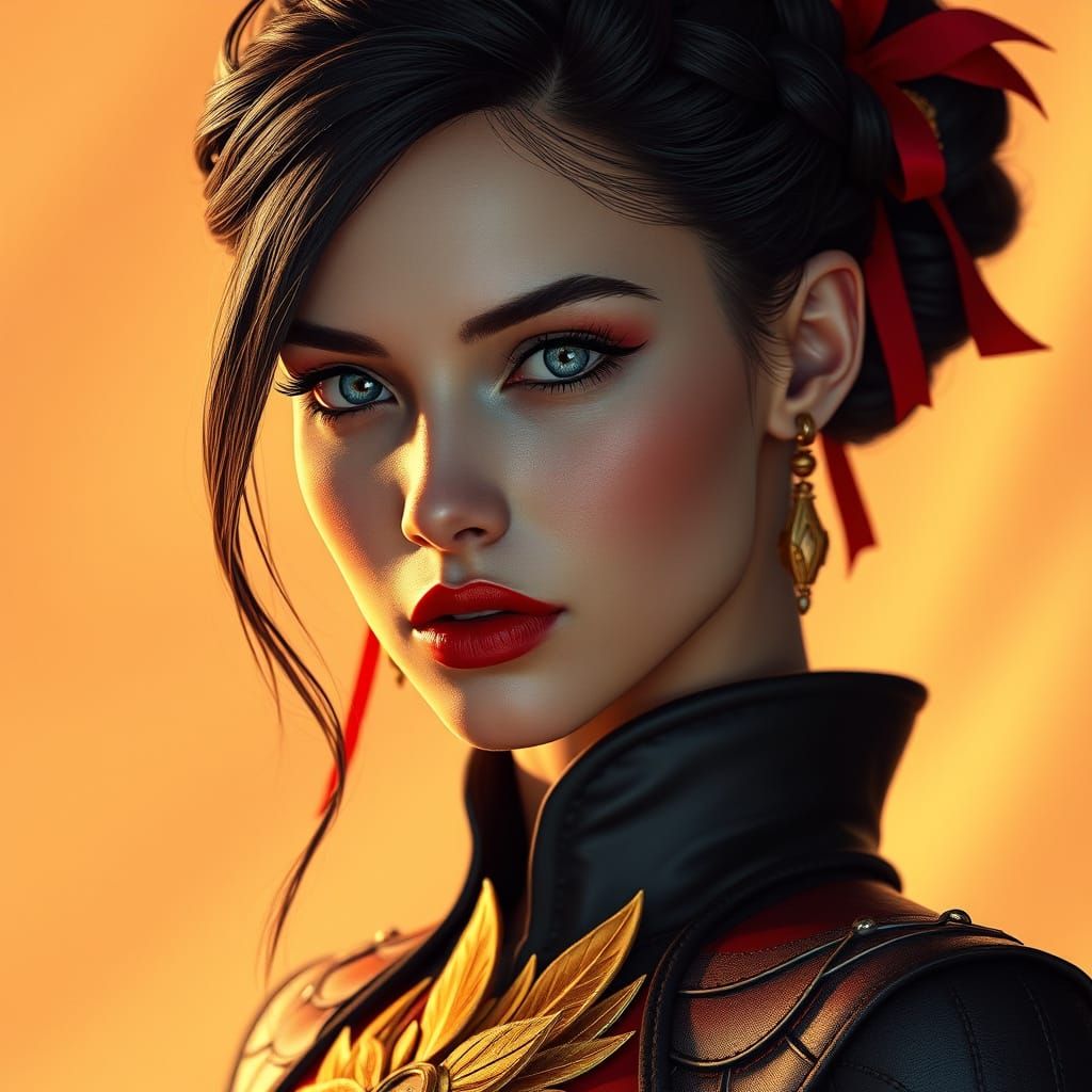 Regal Woman with Piercing Icy Blue Eyes and Crimson Lips in ...