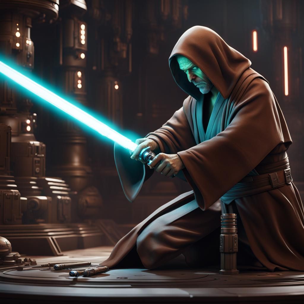 Jedi Replacing Kyber Crystal in Lightsaber: Detailed Matte P...
