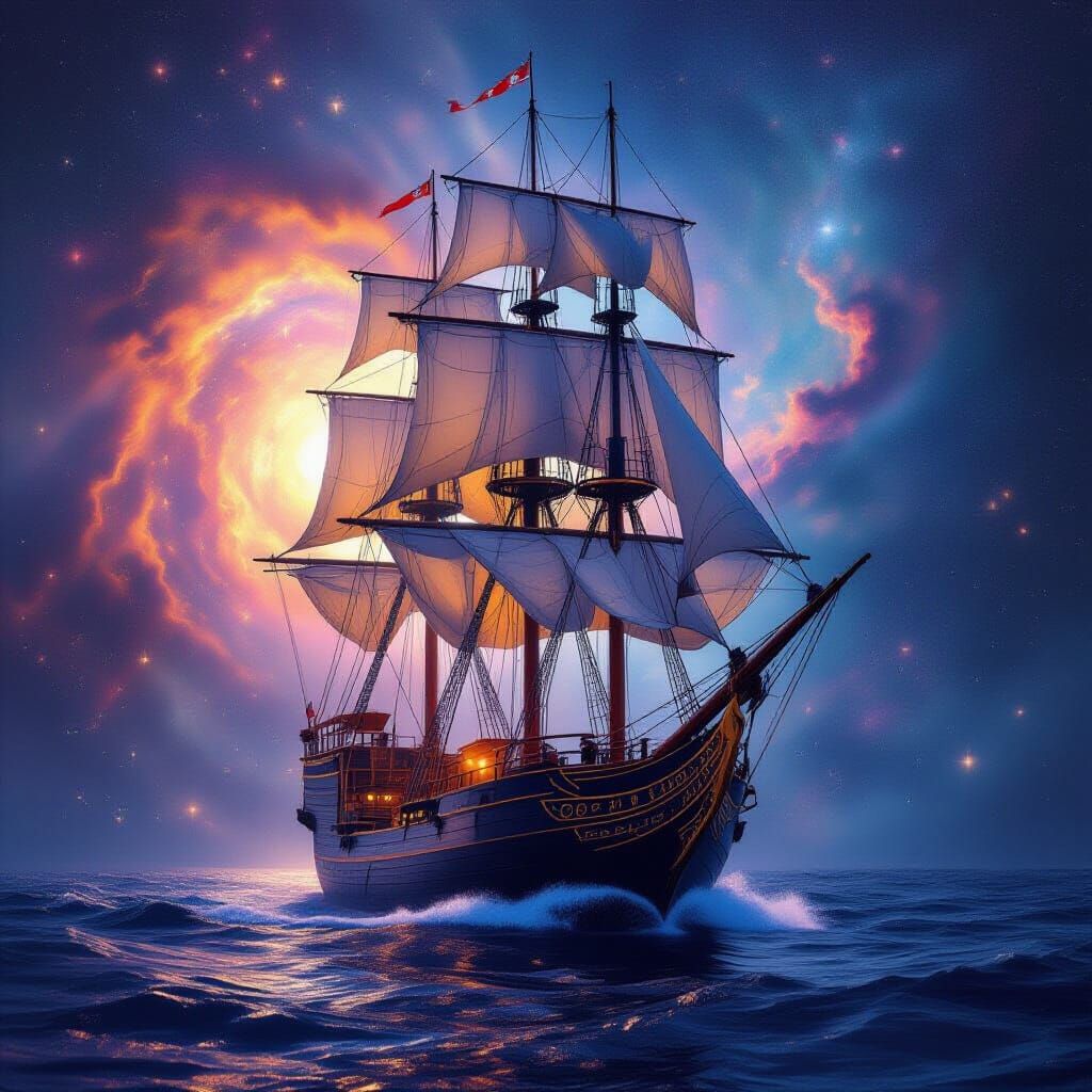 Majestic Tall Ship Sails Through Vibrant Nebula