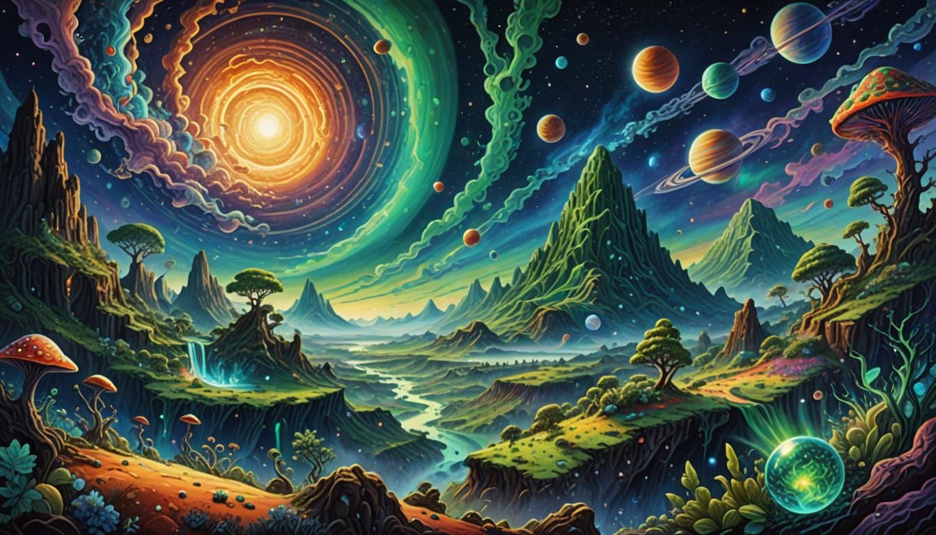 Surreal Cosmic Dreamscape in Vibrant Iridescent Hues