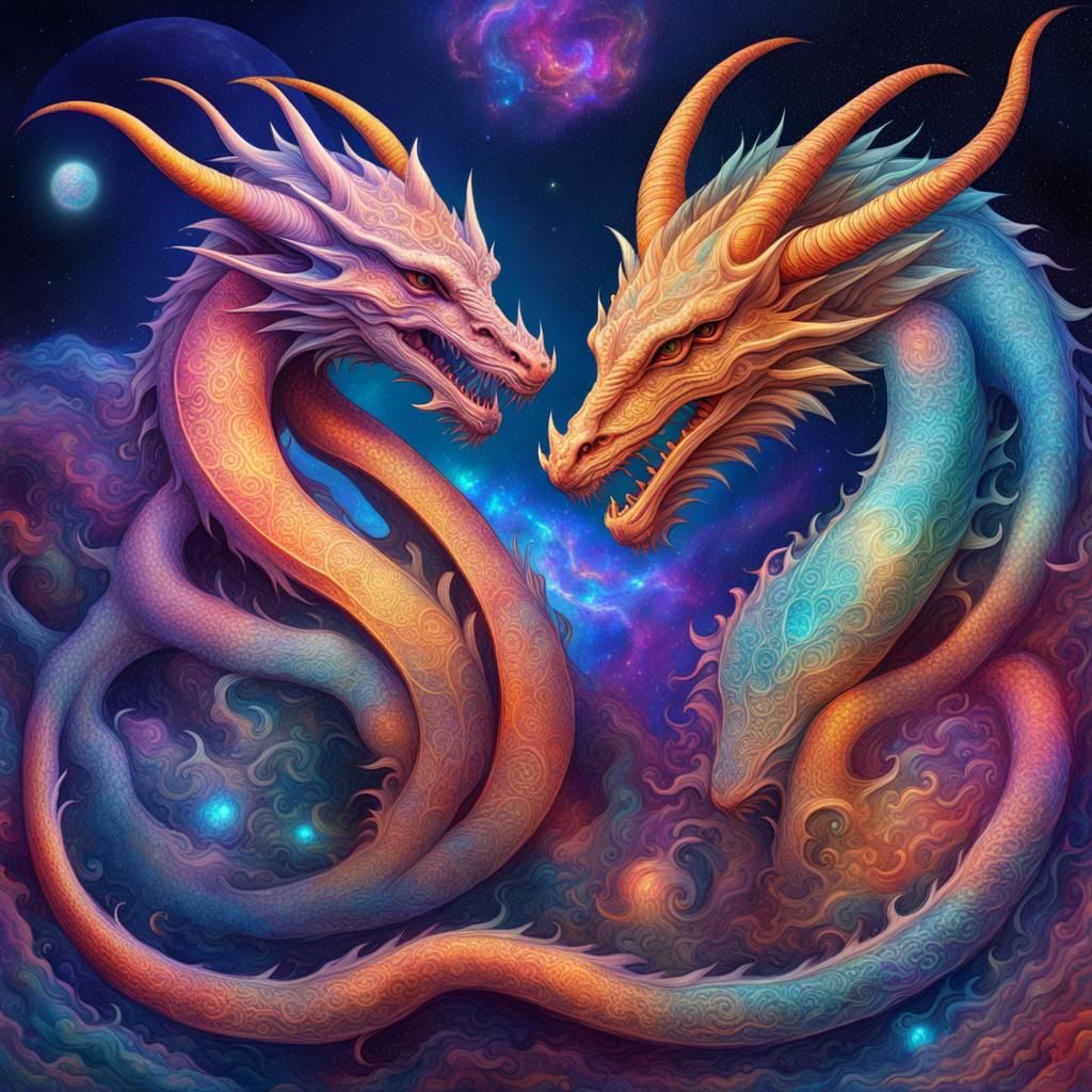 Holographic Astral Dragons in Mixed Media Style
