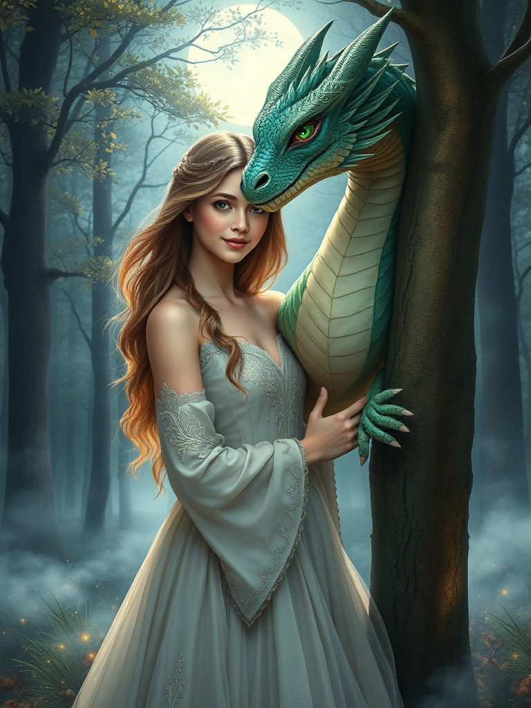 Enchanted Dragon and Princess in Moonlit Forest