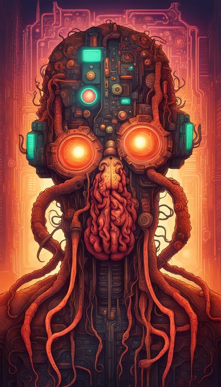 Cyberpunk Brain with Robotic Tentacles in Dystopian Future