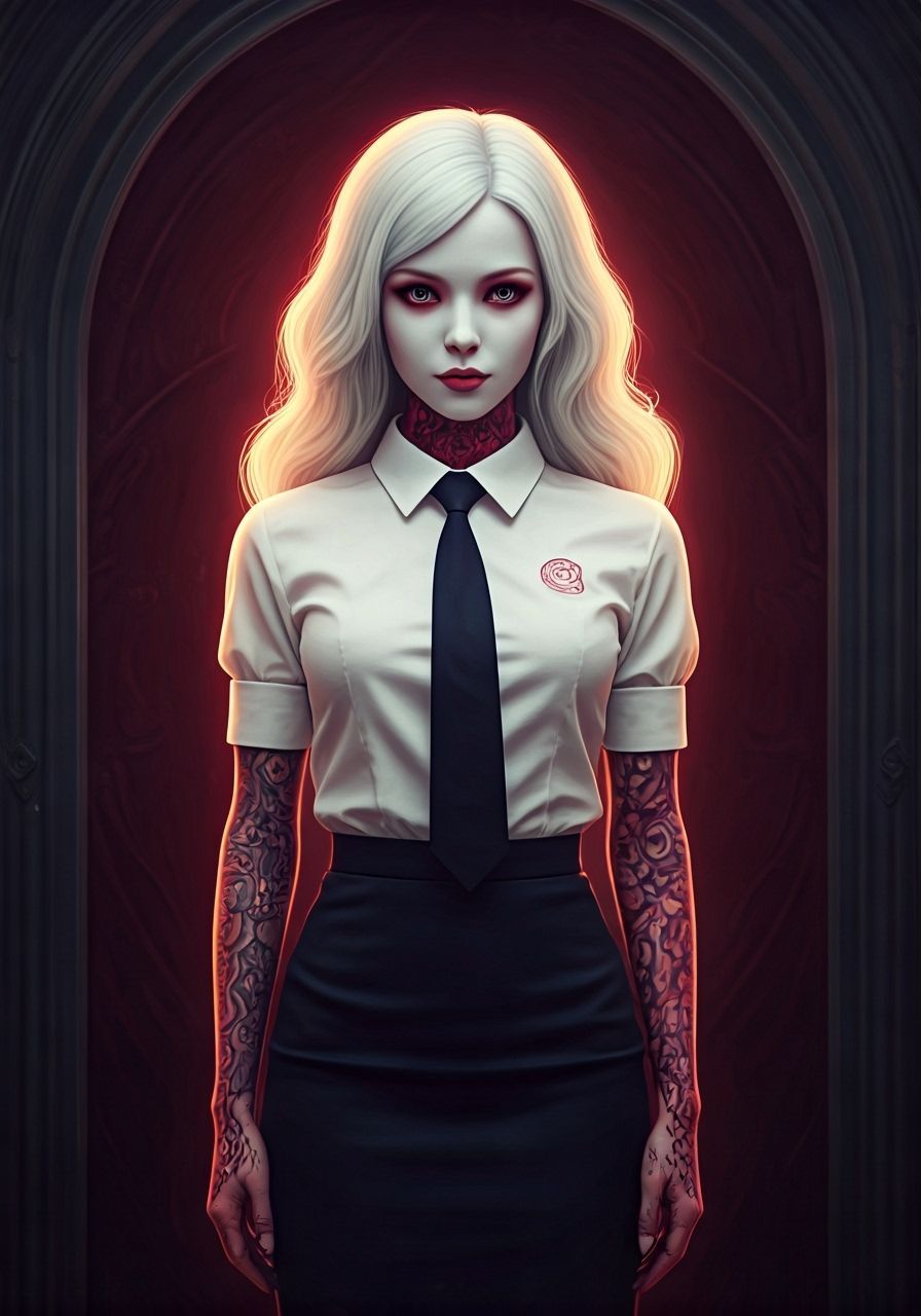 Cenobite Waifu with Crimson Tattoos in Uniform