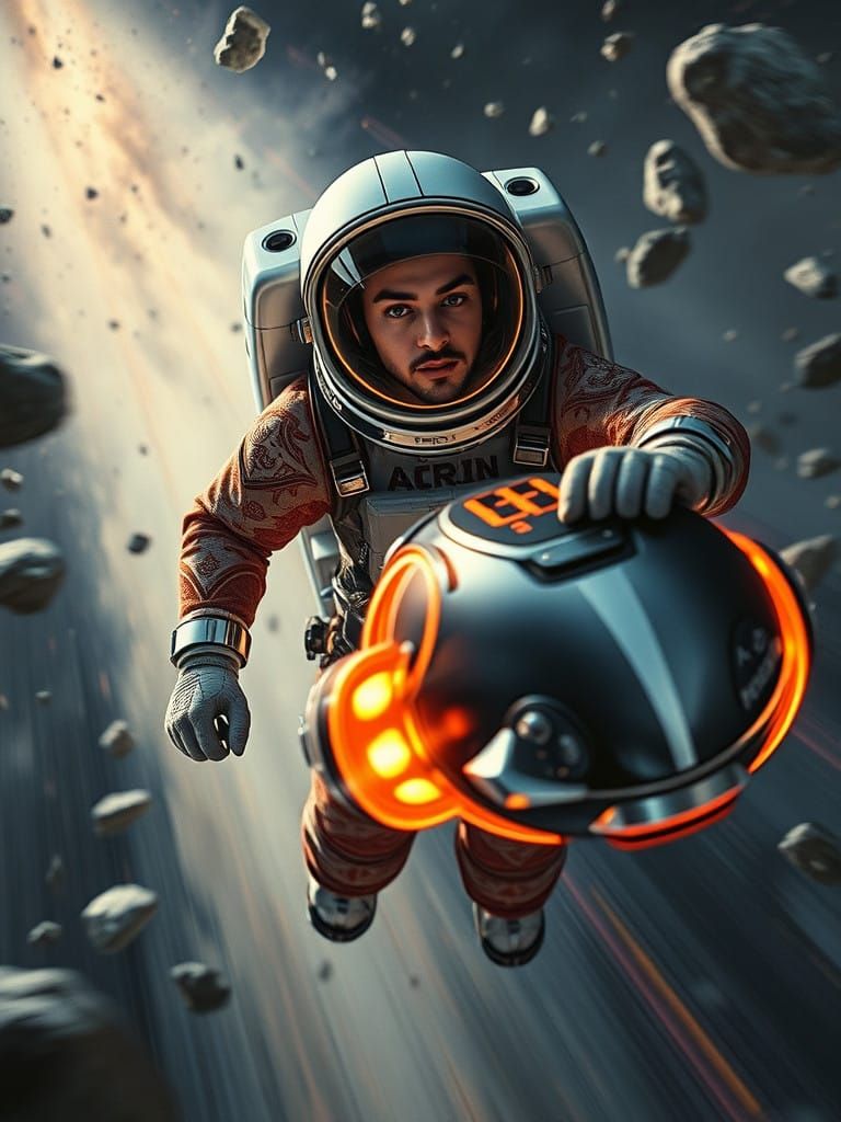 Cosmic Explorer in Futuristic Persian Spacesuit Cruises Thro...