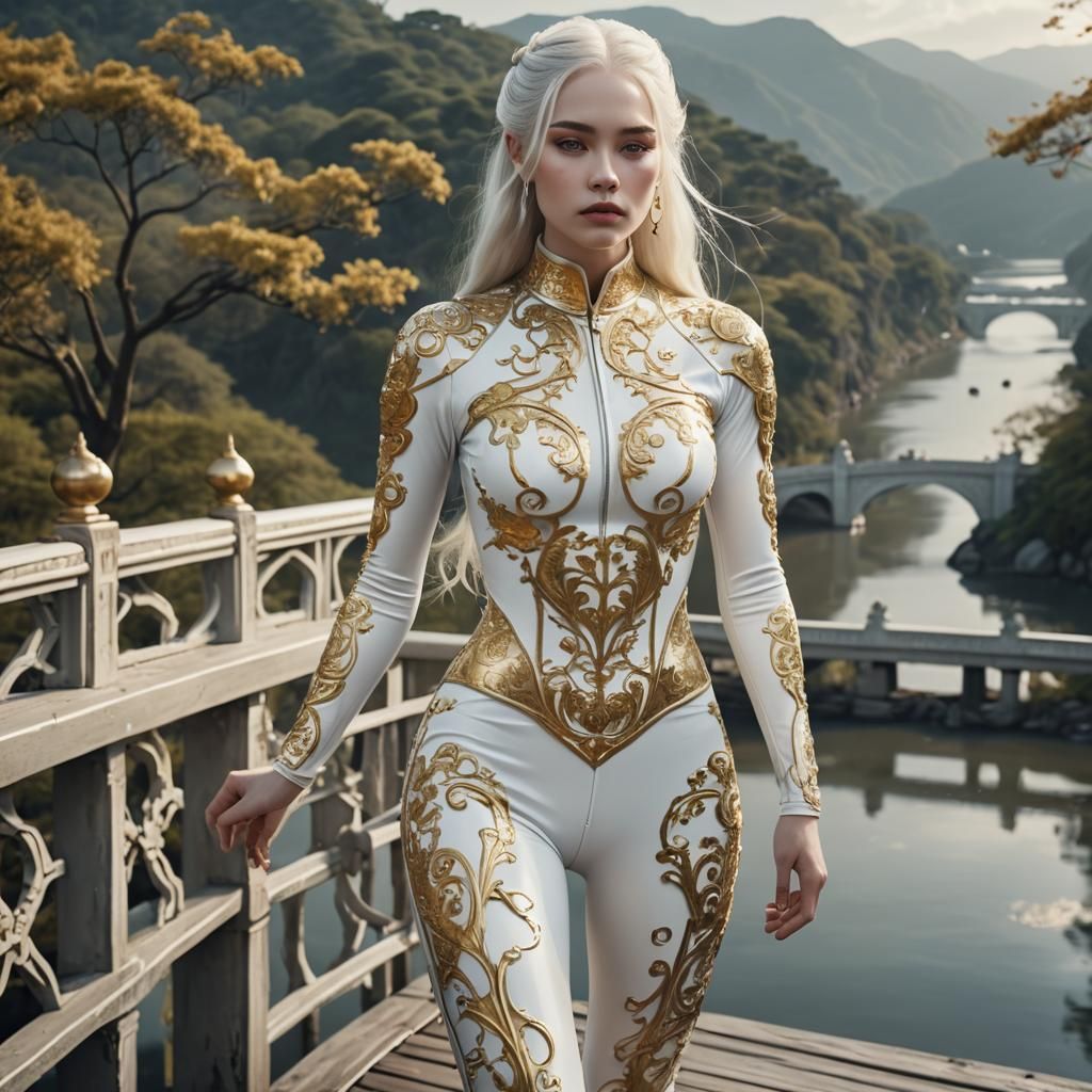 Model in Latex Bodysuit with Chinoiserie Patterns