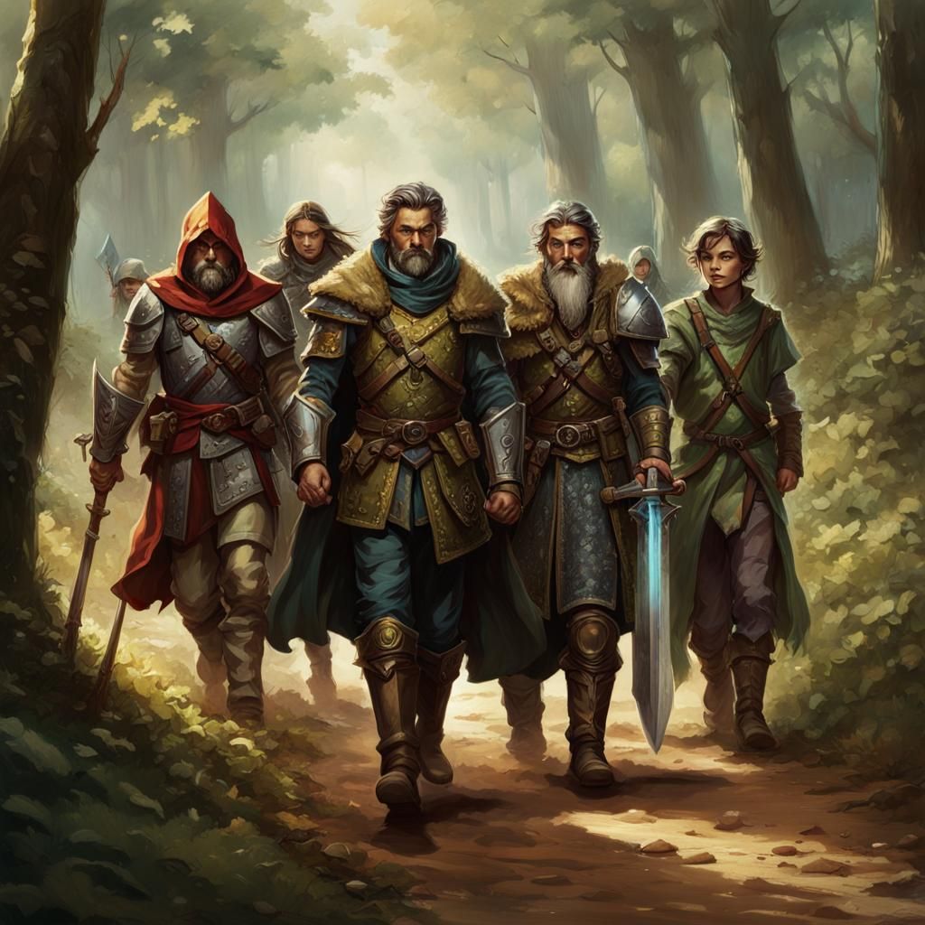 Dungeons and Dragons Party Walking Down Forest Road