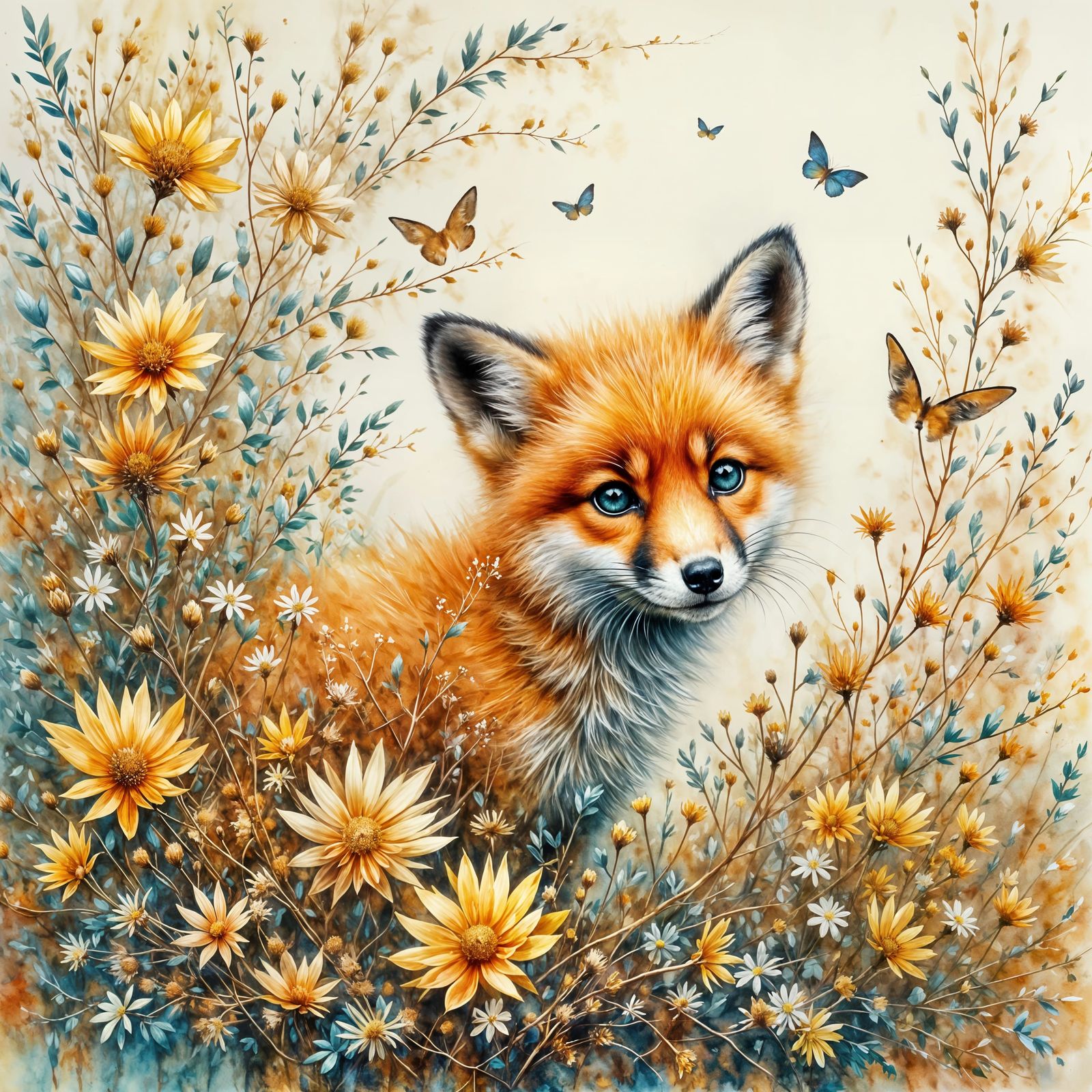 Young Fox Peeking From Wildflowers in Autumn