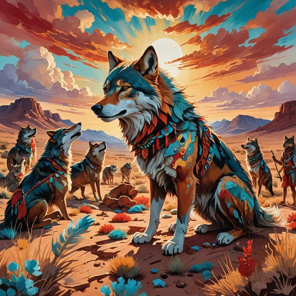 Mystical Wolf Teacher in Surreal Gouache Action Painting