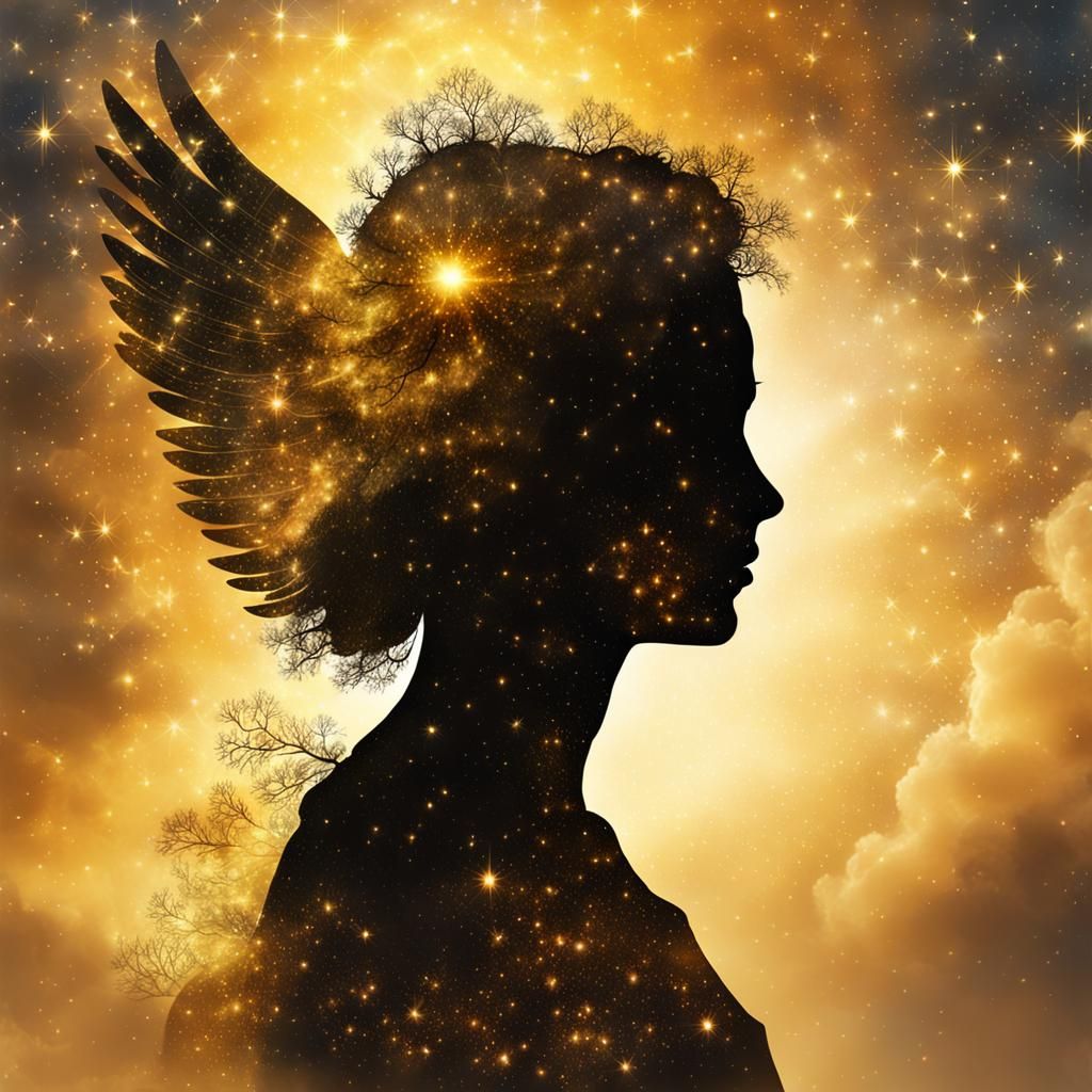 Angelic Silhouette: Golden Nebula Double Exposure