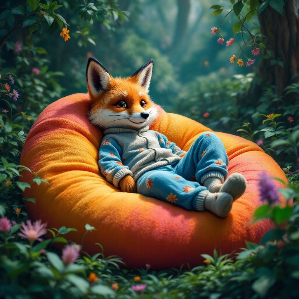 Fox Lounging in Dreamlike Fantasy Landscape